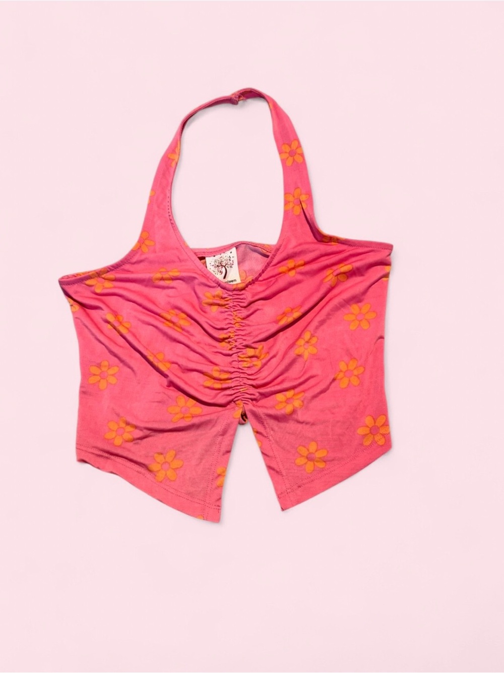 Self Esteem Pink Halter Crop Top with Orange Daisy Print
